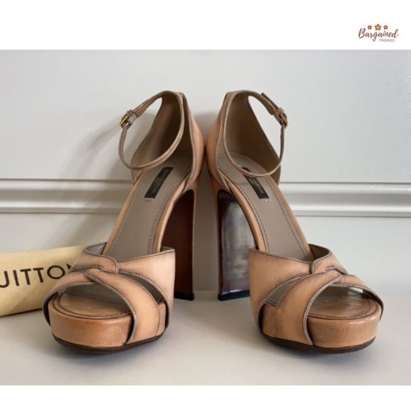 Authentic Louis Vuitton Nude Brown Distressed Leather Open Toe Platform Heel 7.5 - Picture 8 of 14